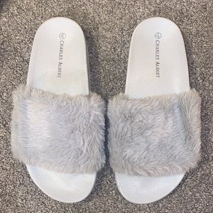 Charlotte Russe Charles Albert Grey Faux Fur Slippers